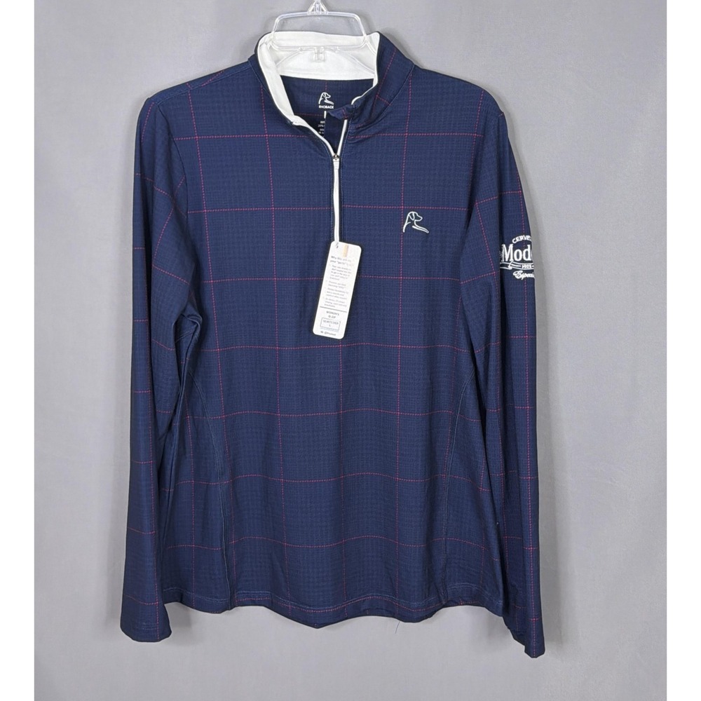 Rhoback Top Womens Large Blue Arctic Check Q-Zip Modelo Beer Golf Pullover NEW